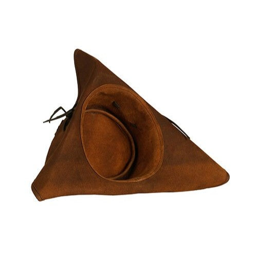 Brown genuine pull-up leather Renaissance tricorn hat with a classic three-corner fold.