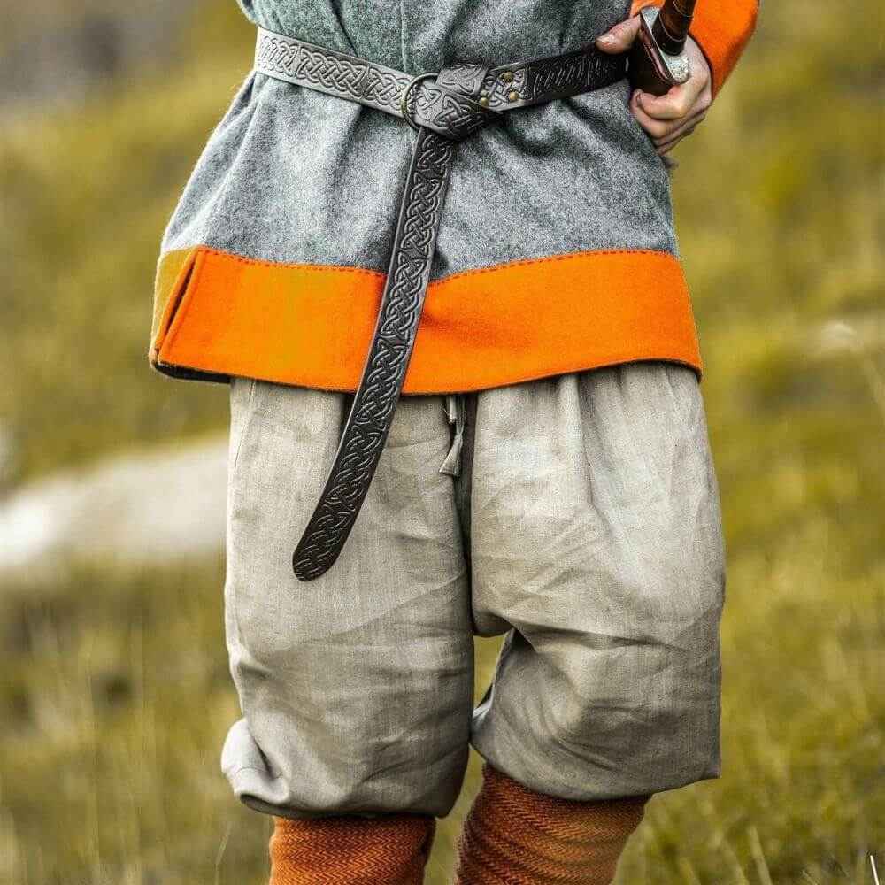 Stone Grey Linen Renaissance Pants with drawstring waist and tapered legs.