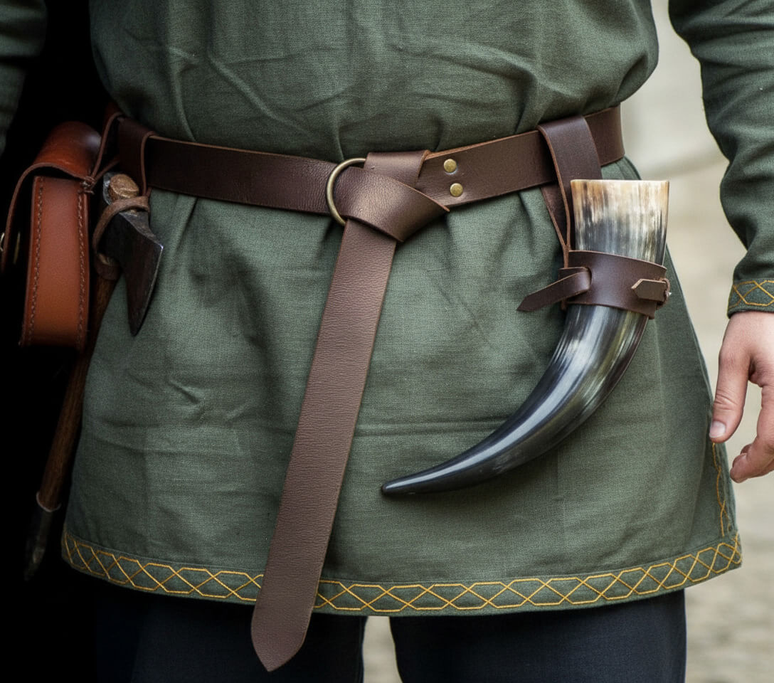 Person wearing a thick brown leather renaissance belt with ring loop and knot on a green tunic with horned accessory.