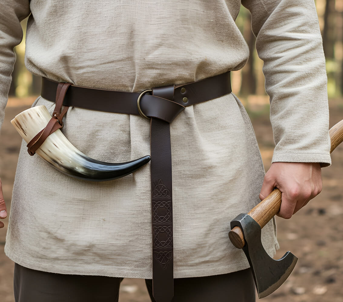 Man wearing a thick brown leather Viking renaissance belt with ring loop and knot, holding axe, horn hanging at waist.