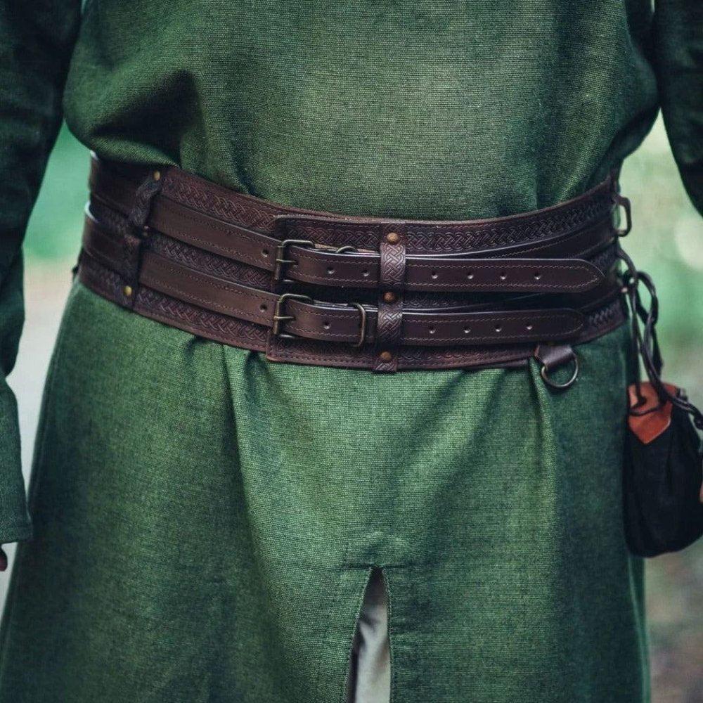 Brown thick leather Renaissance weapons belt with unique double design, buckles, and attached pouch.