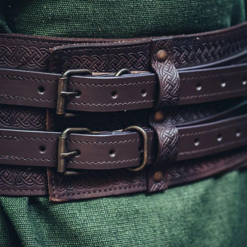 Brown thick leather Renaissance weapons belt with unique double design and Celtic knot embossing.