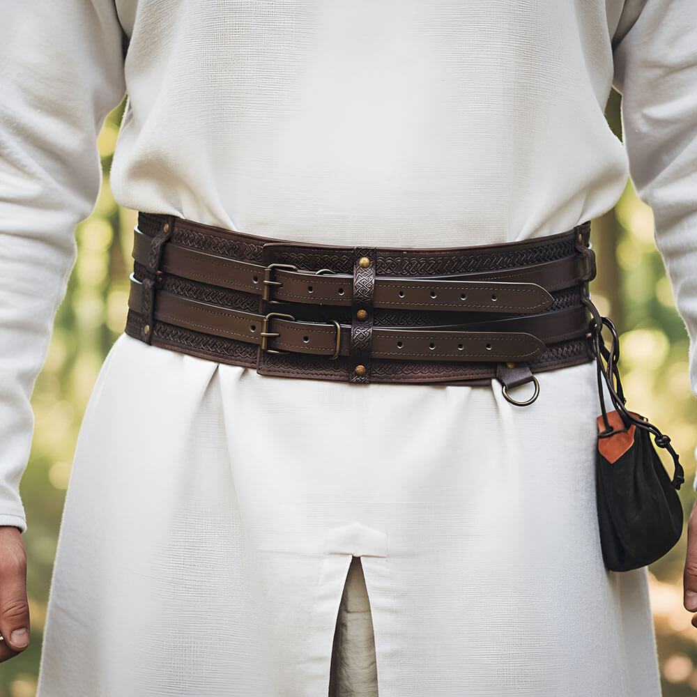 Brown, thick leather Renaissance double weapons belt with buckles and a pouch on a person.