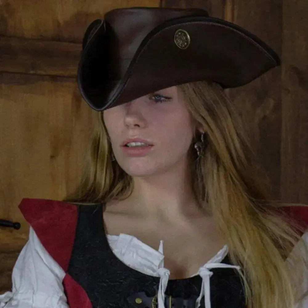 Tricorne Hat - Brown Leather Tricorne with Doubloons-Renaissance Wardrobe