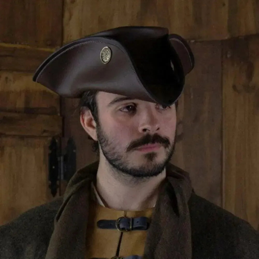Tricorne Hat - Brown Leather Tricorne with Doubloons-Renaissance Wardrobe