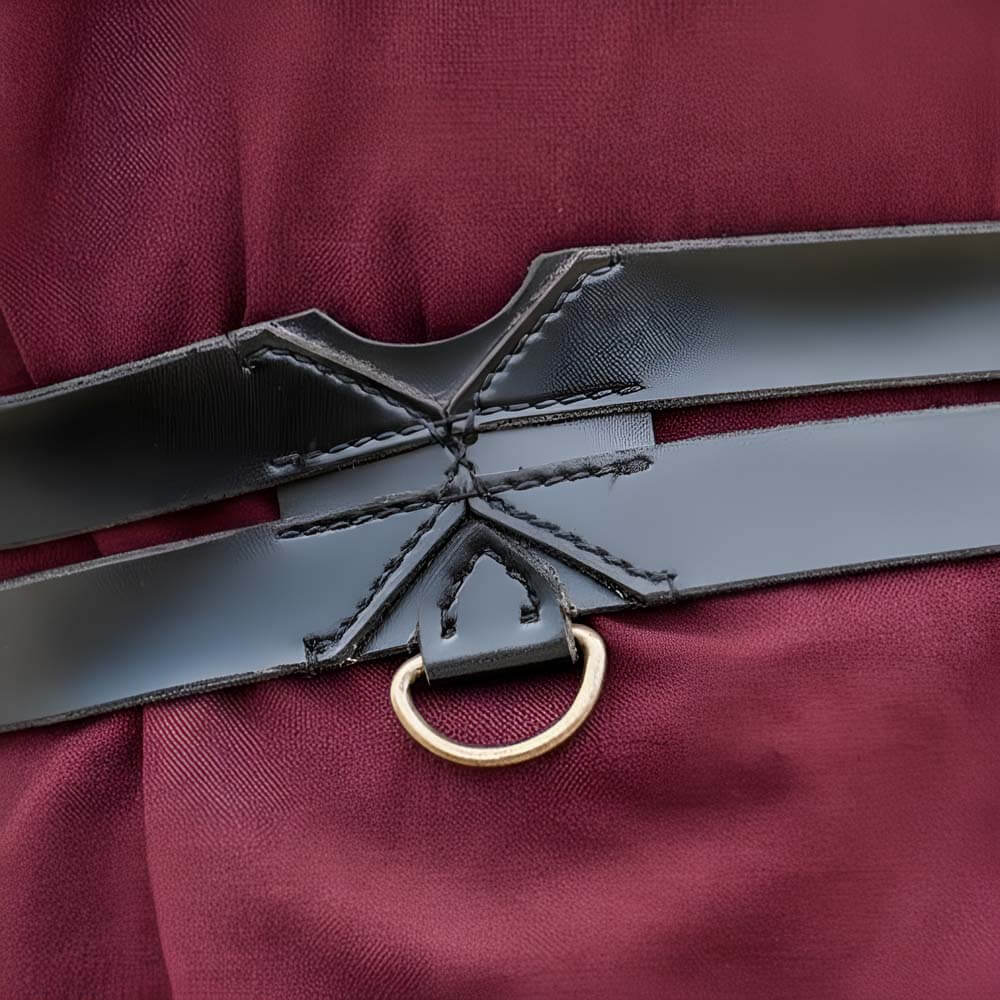 Black faux leather Twin Belt with brass D-ring, perfect for Renaissance fairs.
