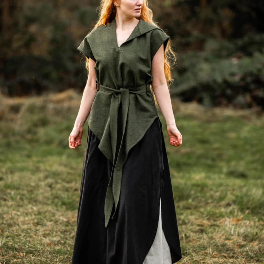 Green Hooded Renaissance Tunic | Tapered Hemline | Belt Included