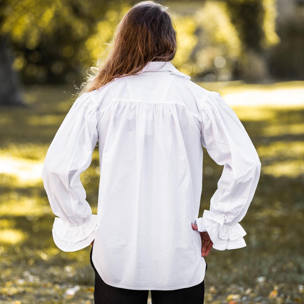 White cotton long-sleeve Renaissance shirt with ruffled neckline and wrists, viewed from the back.
