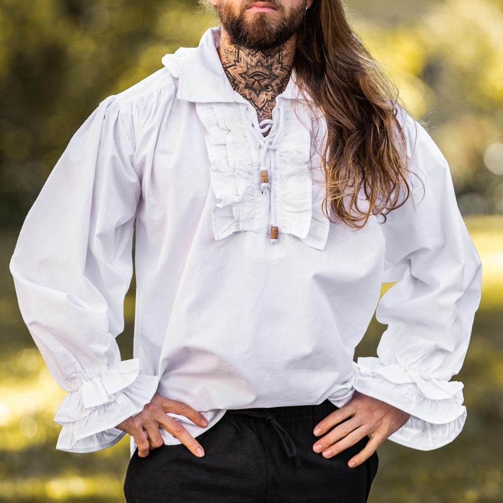White cotton Renaissance shirt with ruffled neckline, cuffs, and lace-up front.