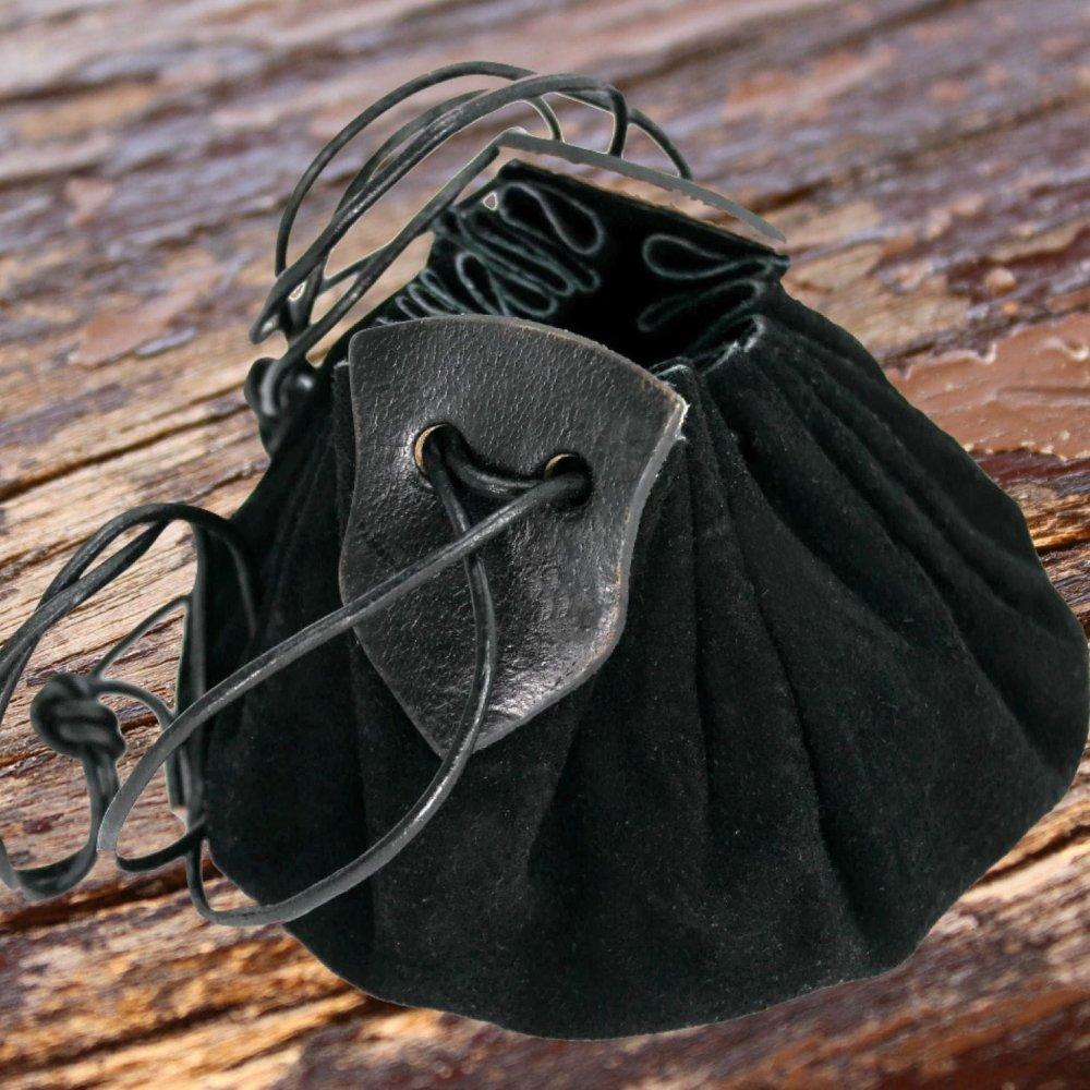 Black suede Renaissance belt pouch with drawstring closure