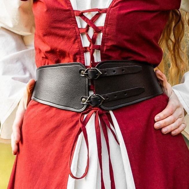 Black leather Renaissance ladies bodice belt with dual front buckles