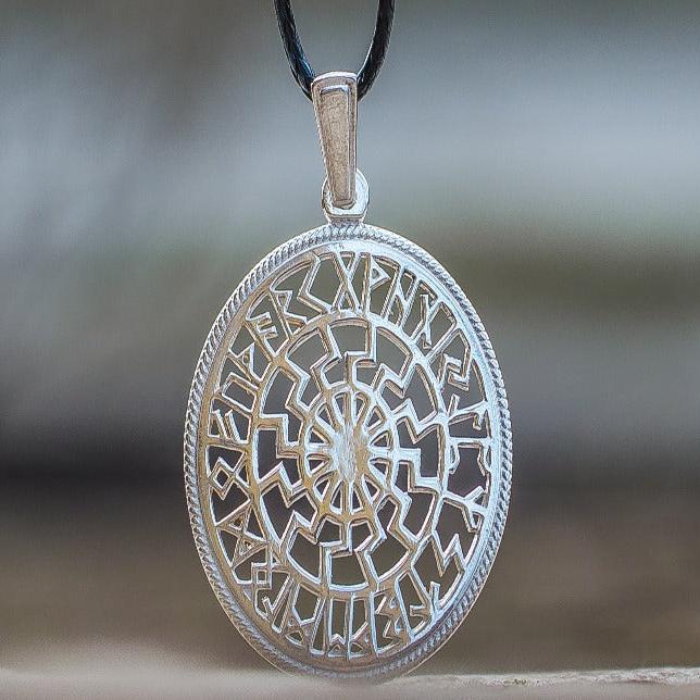 Black Sun Symbol with Runic Calendar Sterling Silver Pendant-1