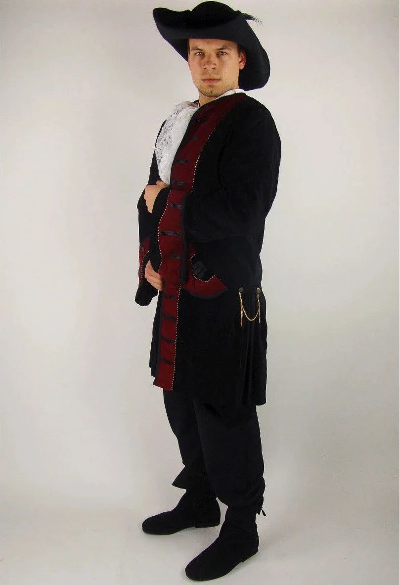 Black with Red Trim Velvet Renaissance Frock Coat | Elegant Metal Buttons
