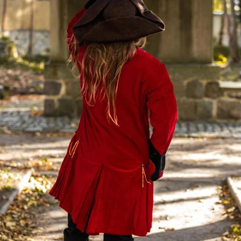 Black with Red Trim Velvet Renaissance Frock Coat | Metal Buttons