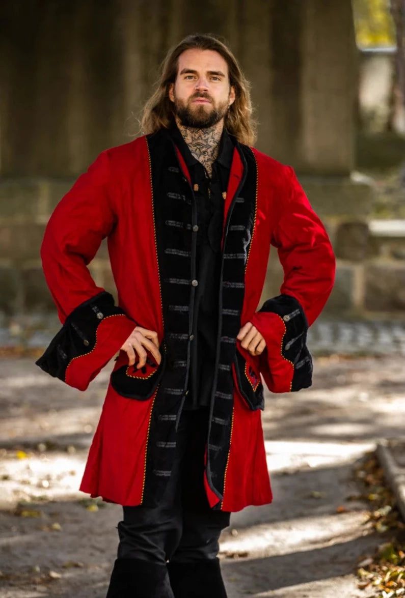 Red with Black Trim Velvet Renaissance Frock Coat | Elegant Metal Buttons