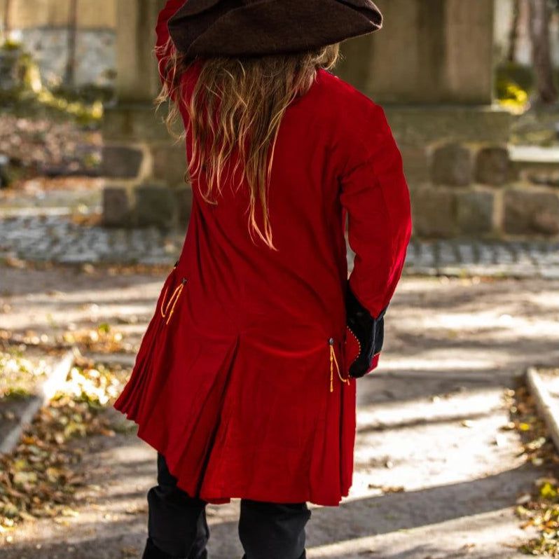 Red with Black Trim Velvet Renaissance Frock Coat | Elegant Metal Buttons