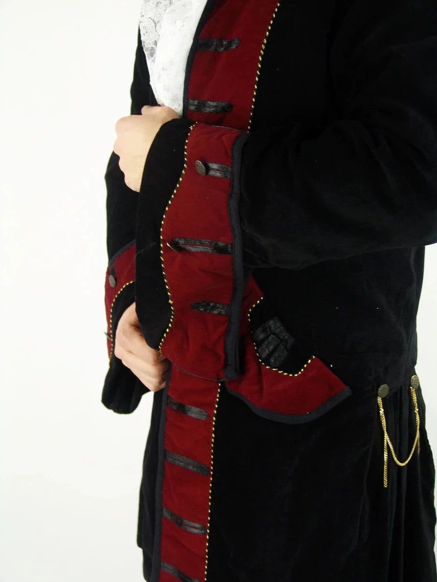 Red with Black Trim Velvet Renaissance Frock Coat | Elegant Metal Buttons