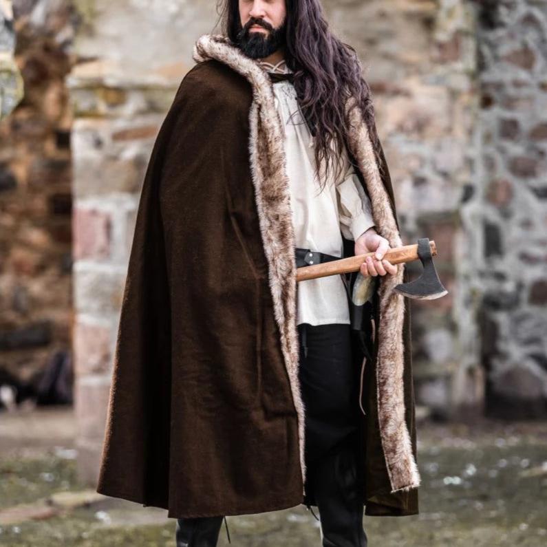 Brown Hooded Viking Cape With Faux Fur