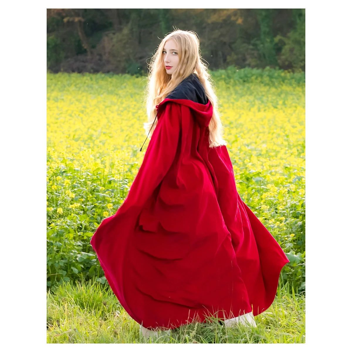 Hooded Red Velvet Cloak With Inner Lining