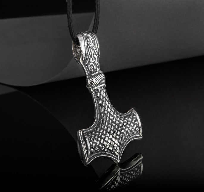 Huge Thor's Hammer Pendant Sterling Silver Mjolnir with Ornaments from Mammen Village-3