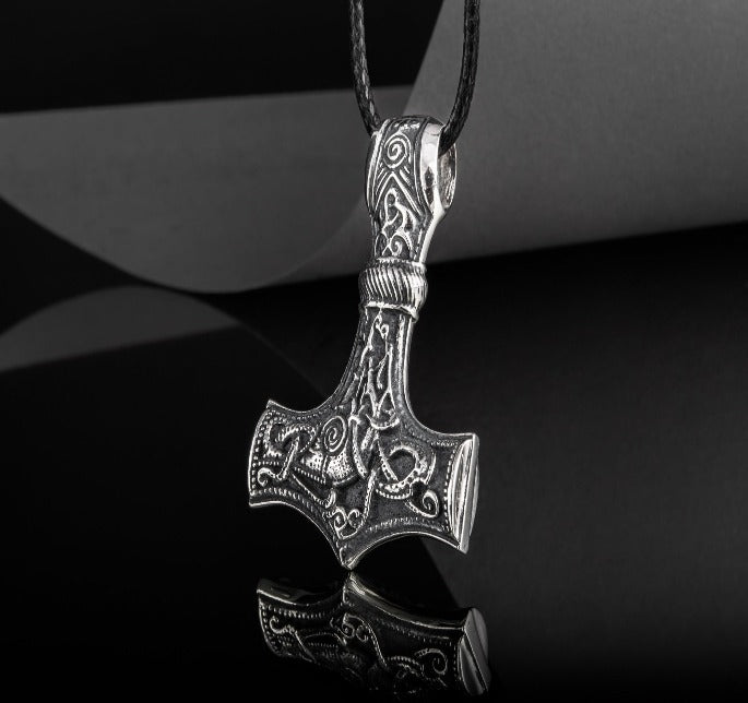 Huge Thor's Hammer Pendant Sterling Silver Mjolnir with Ornaments from Mammen Village-4