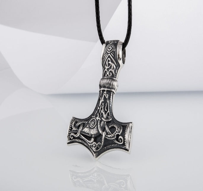 Huge Thor's Hammer Pendant Sterling Silver Mjolnir with Ornaments from Mammen Village-5