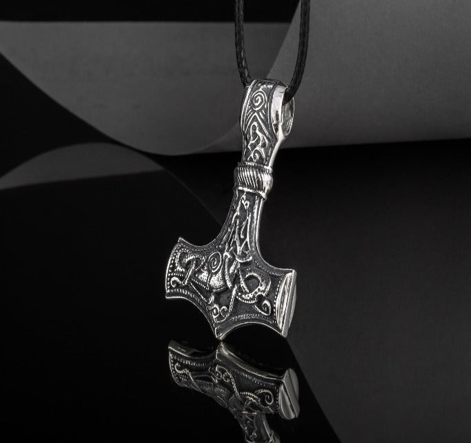 Huge Thor's Hammer Pendant Sterling Silver Mjolnir with Ornaments from Mammen Village-6