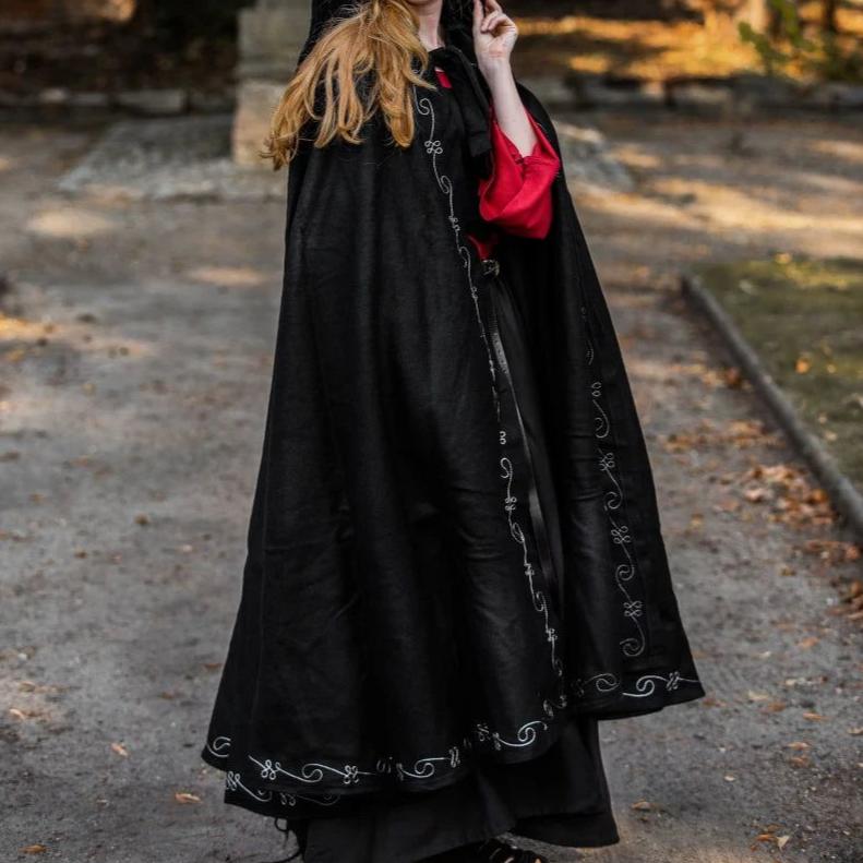 Black Long Wool Viking Cloak With Hand Stitched Embroidery