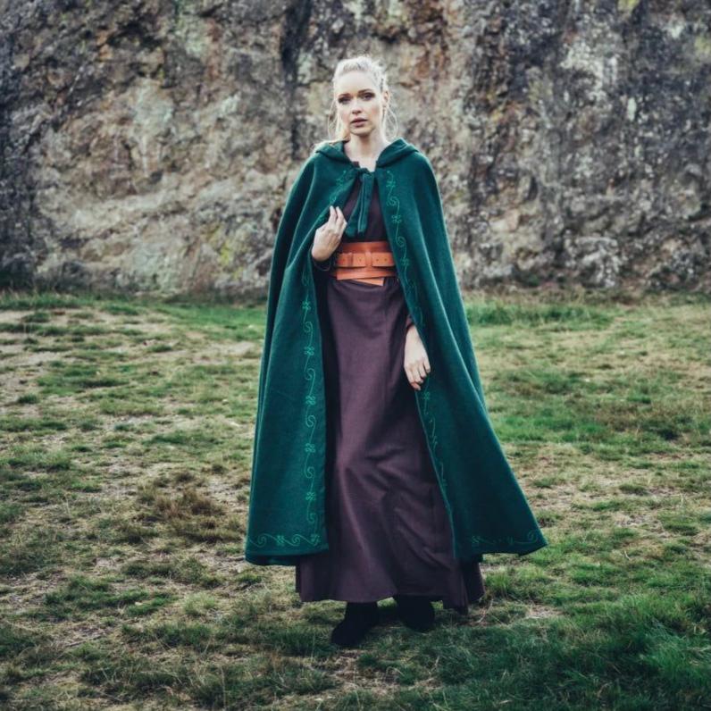 Green Long Wool Viking Cloak With Hand Stitched Embroidery