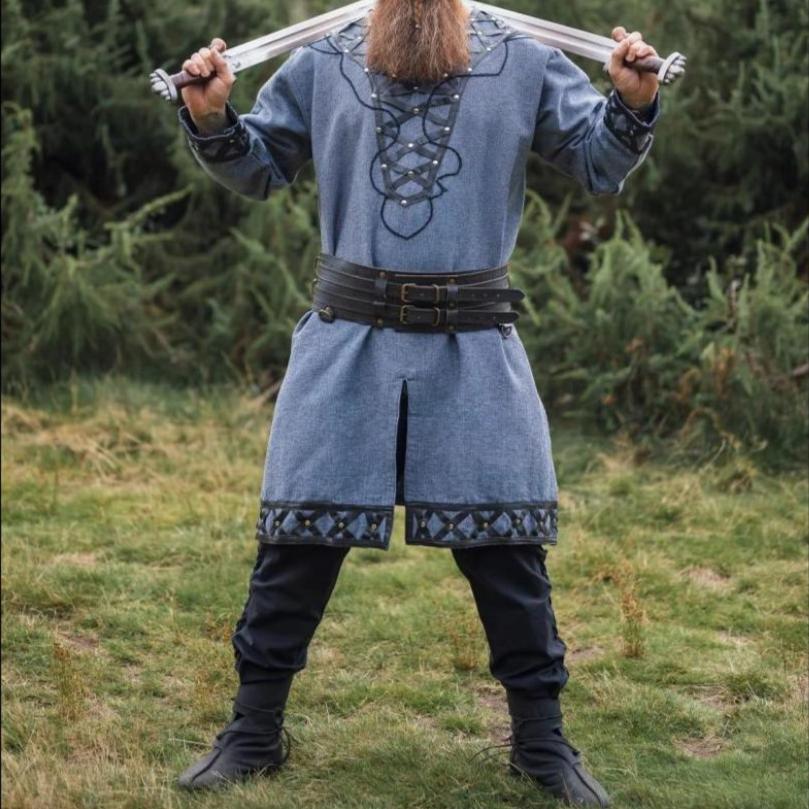 long sleeve viking tunic with leather trim