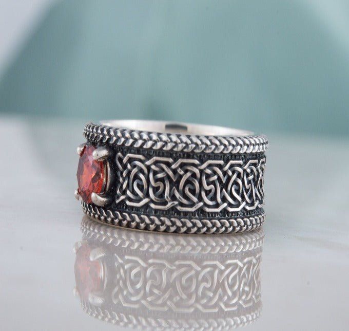 Norse Ornament Ring with CZ Sterling Silver Handmade Viking Jewelry-4