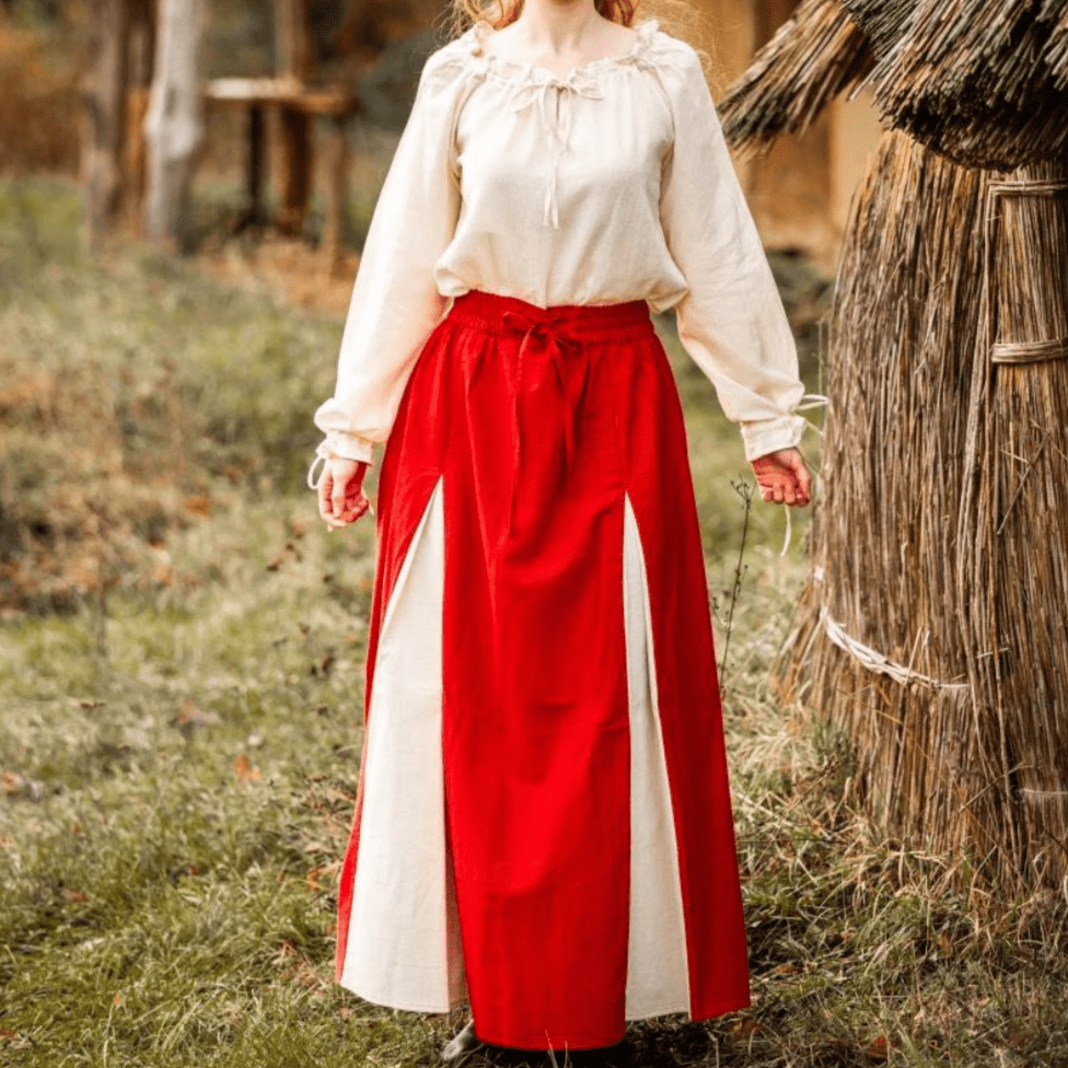 Red and natural Renaissance skirt shown in full length
