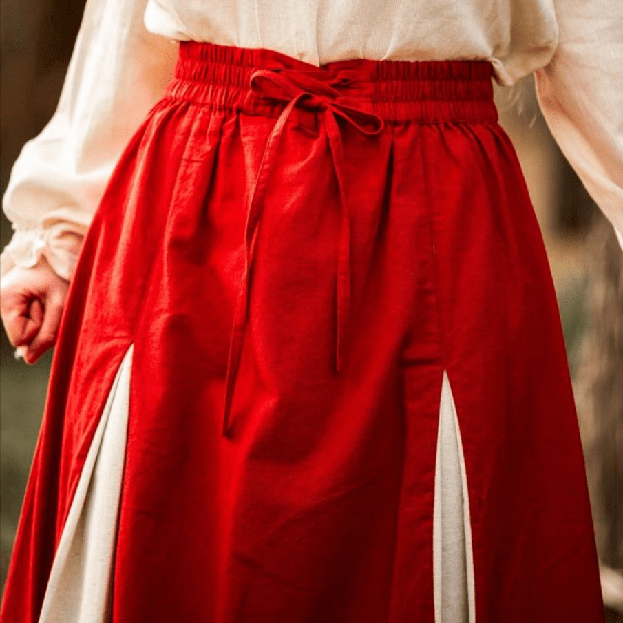 Additional view of the red and natural lace-up Renaissance skirt