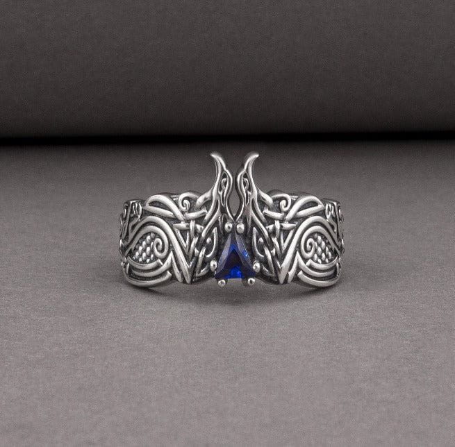 Renaissance Twin Raven Ring | Sterling Silver & Blue Gem