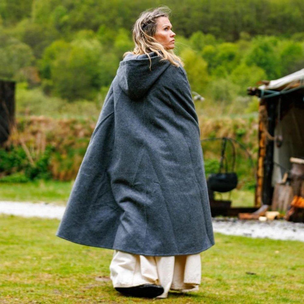 Long button closure down the front of a wool cloak