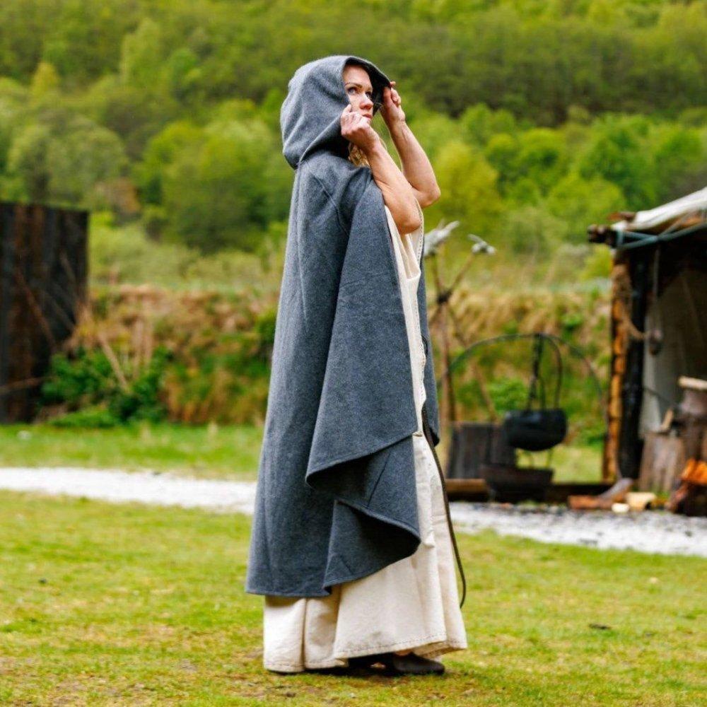 Side view of hooded Renaissance wool cloak
