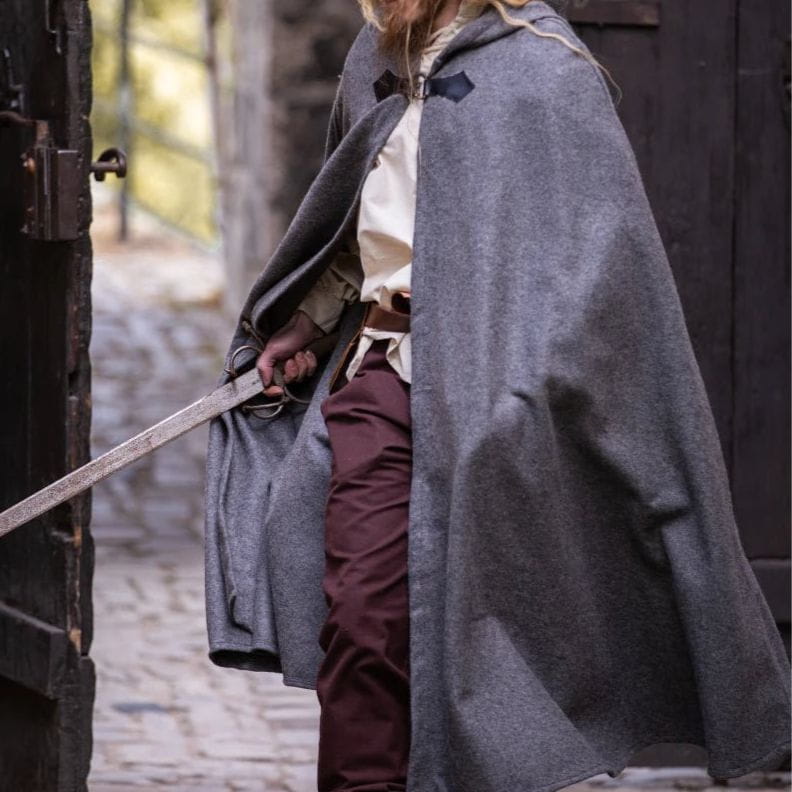 Renaissance wool traveler's cloak with short hood, front view
