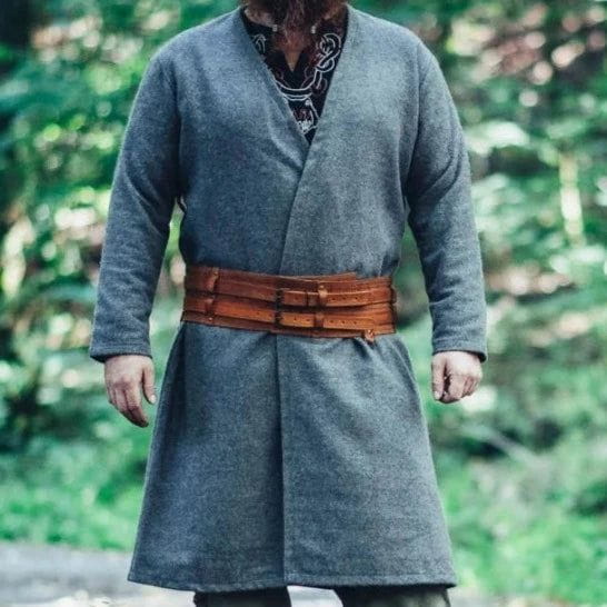 Front view of an open-front knee-length Renaissance wool tunic with long sleeves