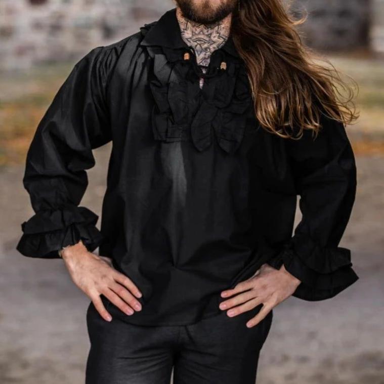 Black Ruffled Collar and Cuff Renaissance Shirt | Lace-Up Front