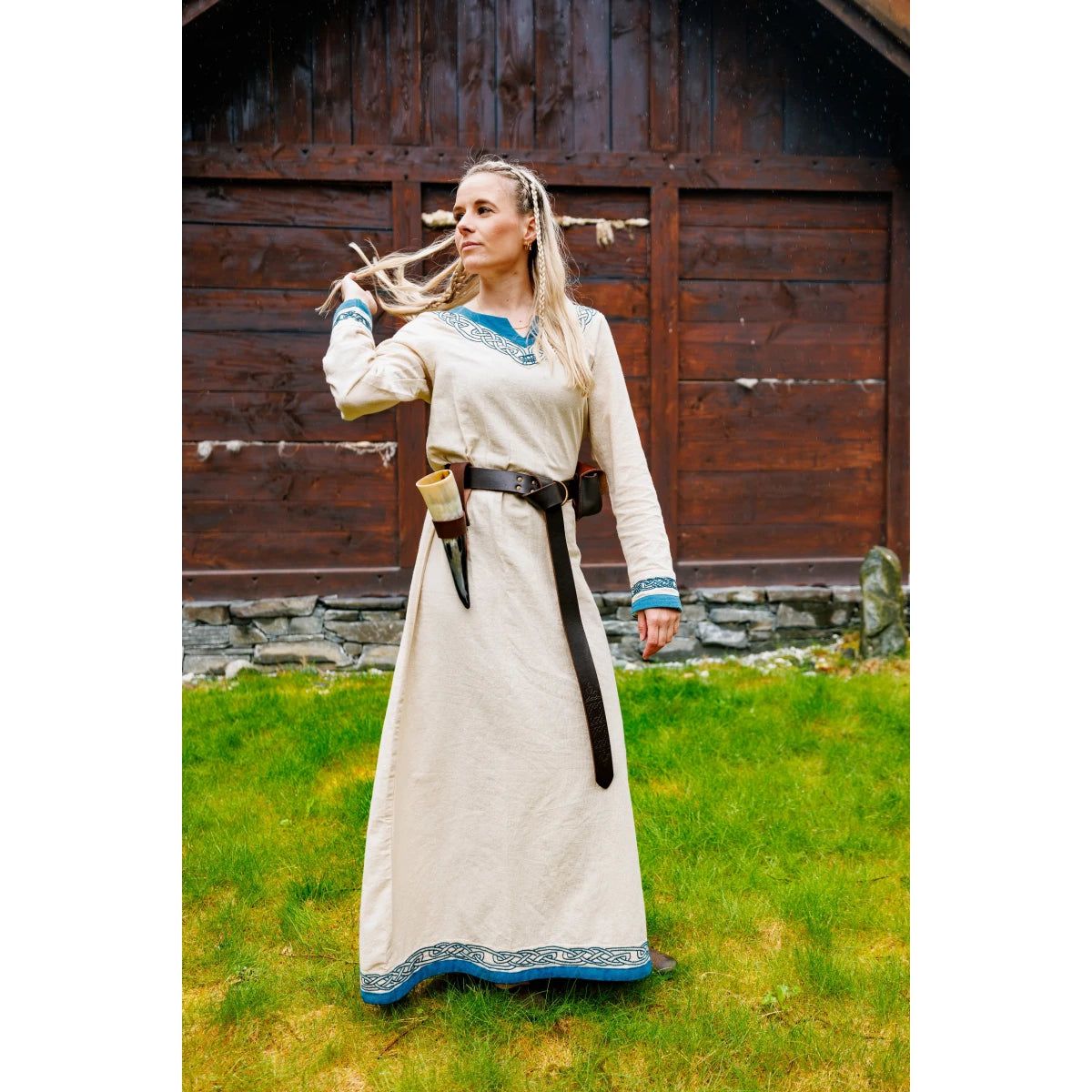 Viking Dress Natural Cotton with Blue Trim