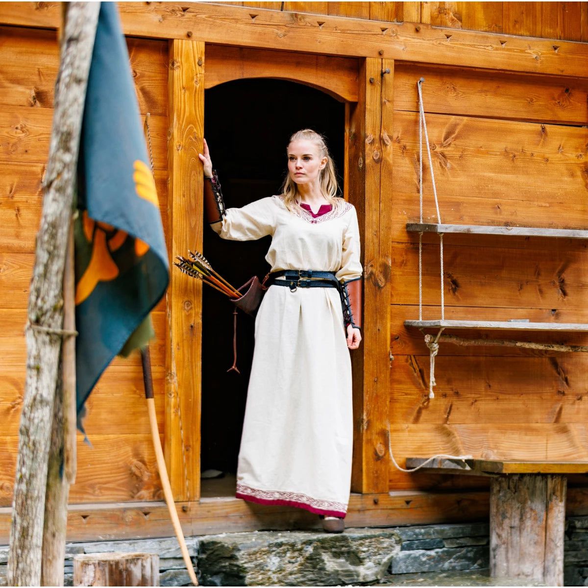 Viking Dress in Natural with Red Trim