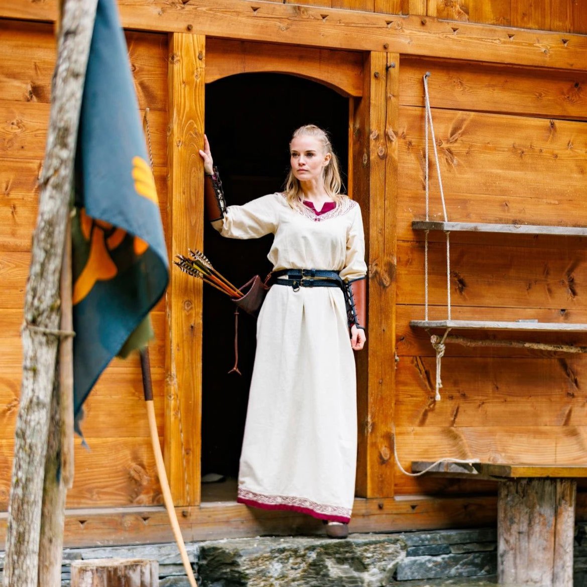 Viking Dress in Natural with Red Trim