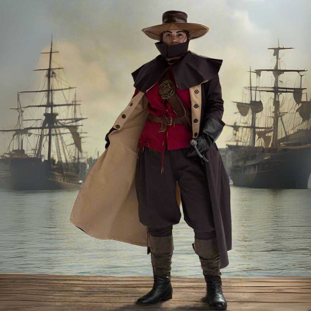 Alt Text: Pirate in a brown canvas overcoat stands on dock with ships, evoking Master and Commander adventure.
