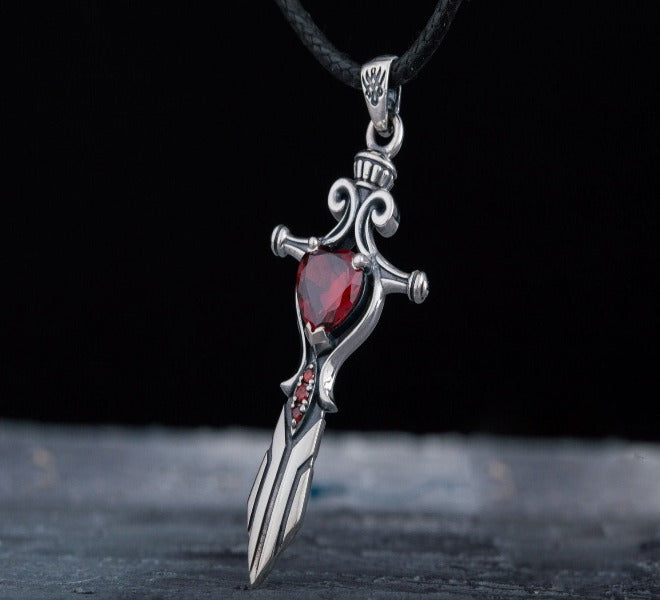 Viking Sword Pendant with Red Cubic Zirconia Sterling Silver Handmade Jewelry-2