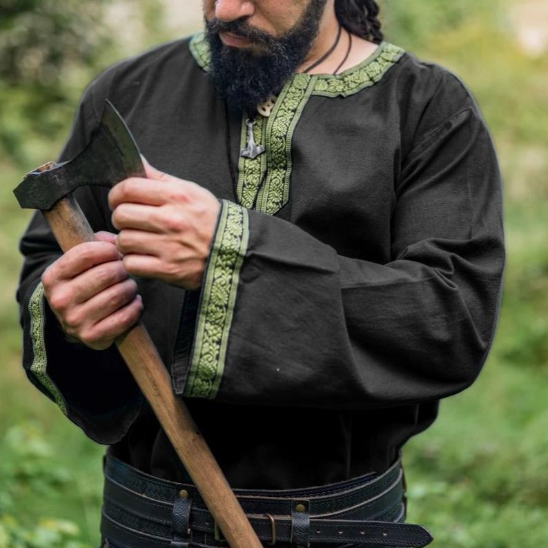 black viking tunic with embroidery