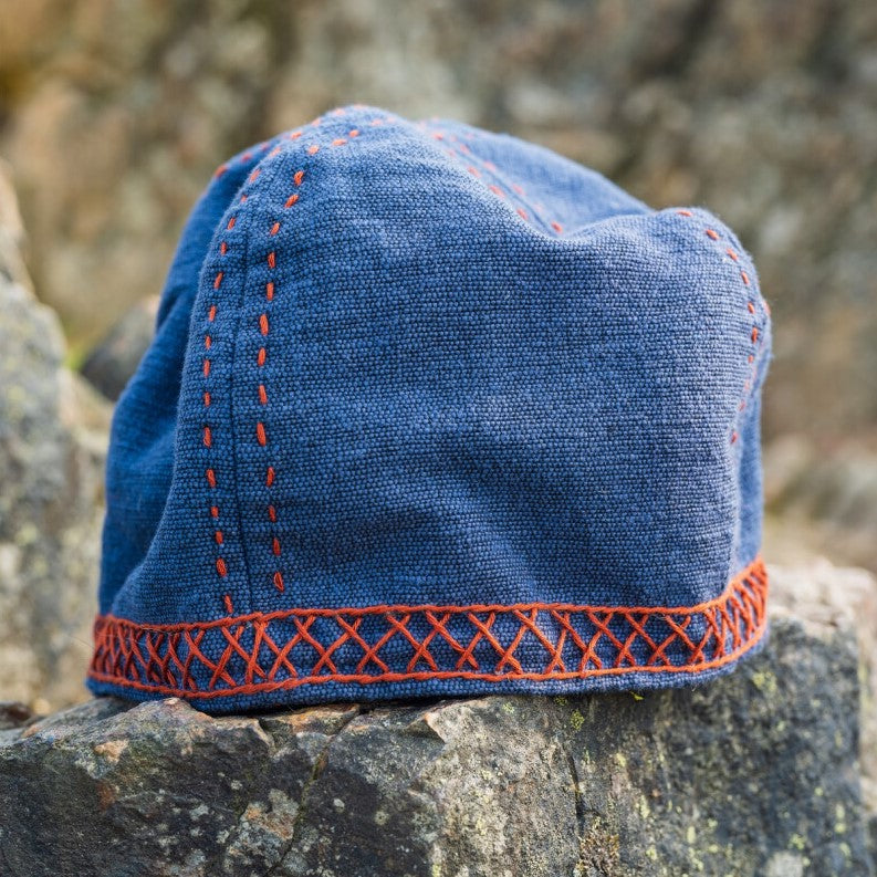 Blue Cotton Renaissance Cap | Red Embroidered Geometric Stitching