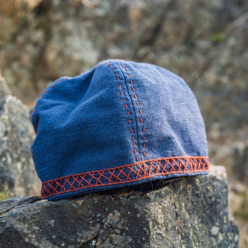 Blue Cotton Renaissance Cap | Red Embroidered Geometric Stitching