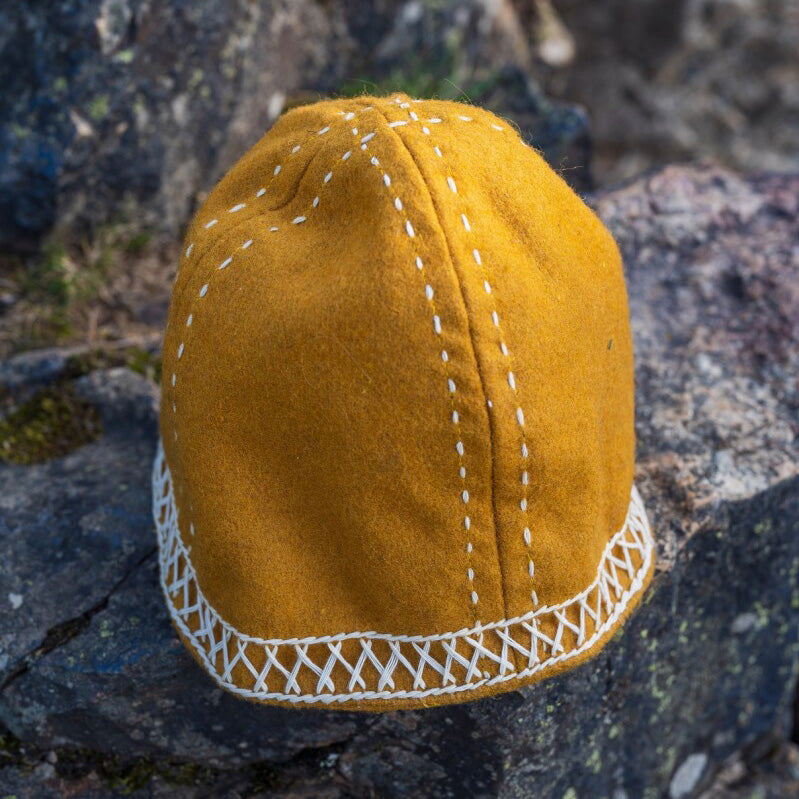 Mustard Yellow Wool Renaissance Cap | White Geometric Stitching