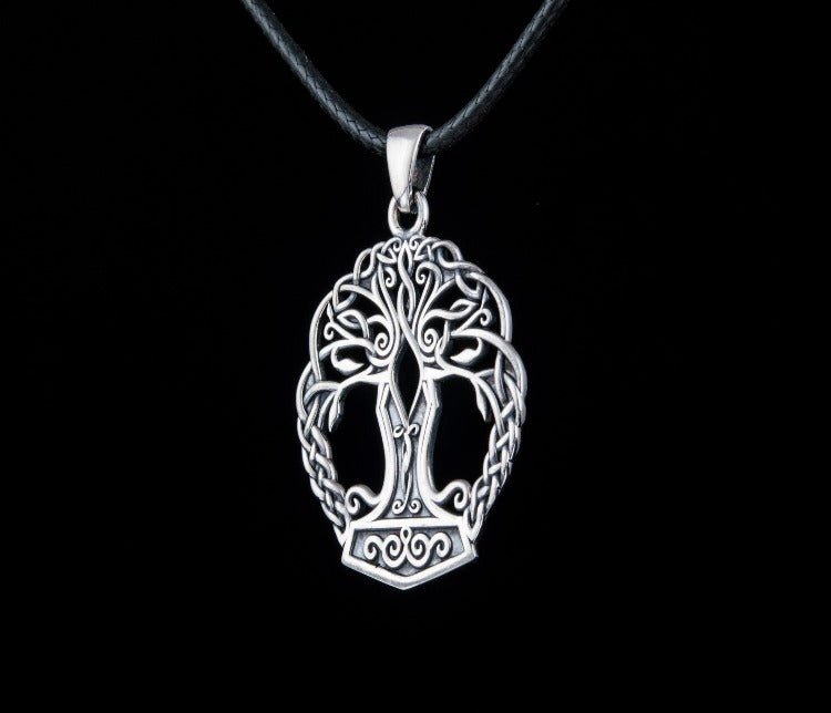 Yggdrasil with Mjolnir Pendant Handmade Sterling Silver Viking Necklace-2