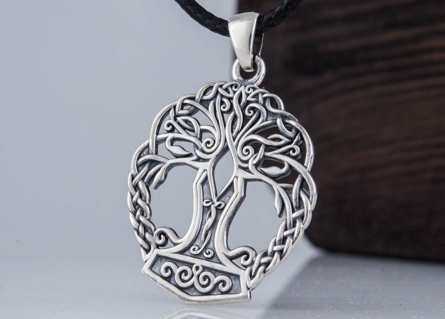 Yggdrasil with Mjolnir Pendant Handmade Sterling Silver Viking Necklace-6